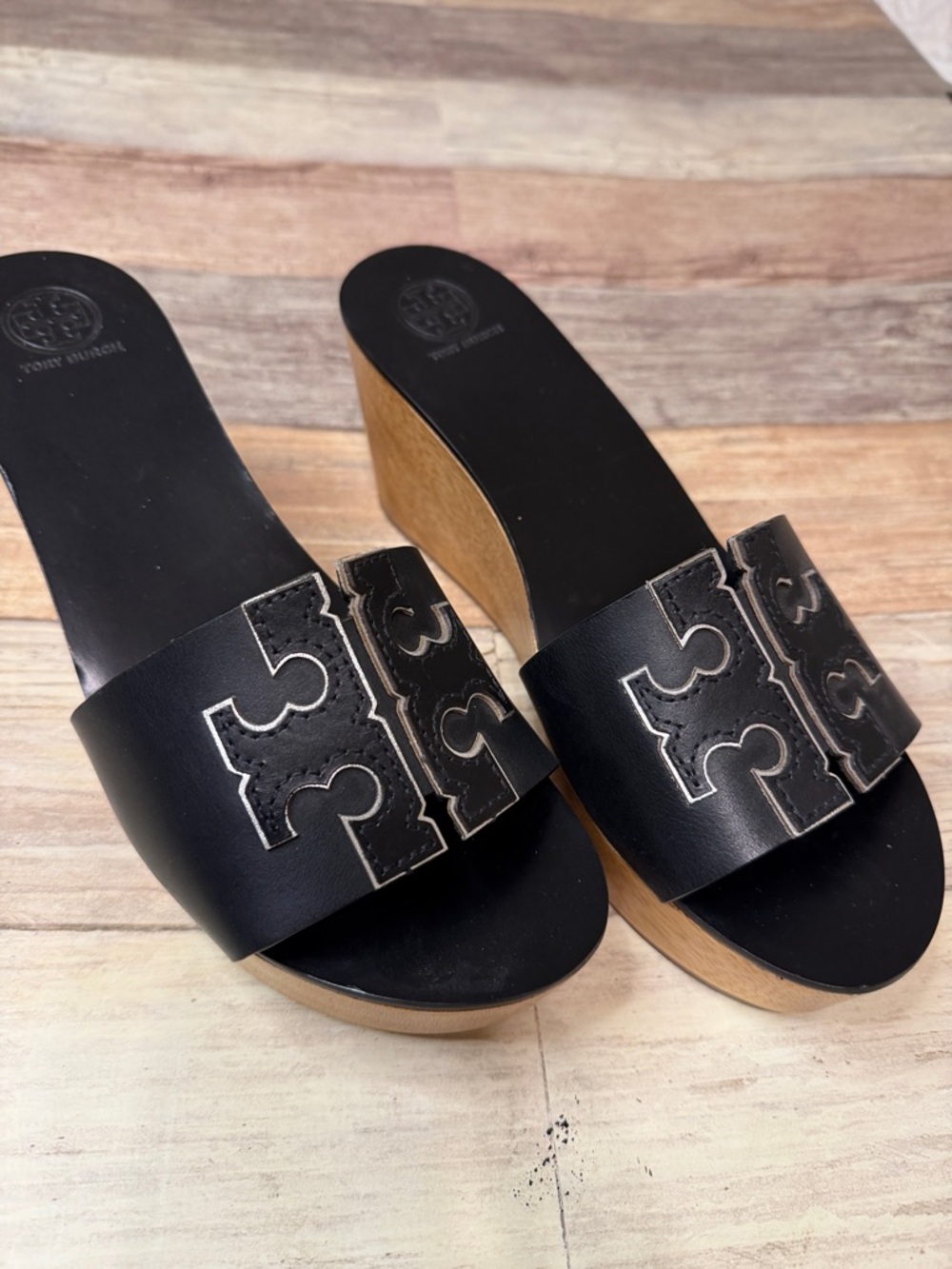 Tory Burch Black Ines Leather Slide Wooden Wedge Sandals 8